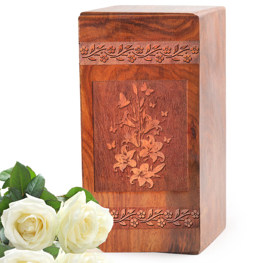 Butterfly With Flowers Wooden Box For Ashes Adult - Wood Urn For Funeral