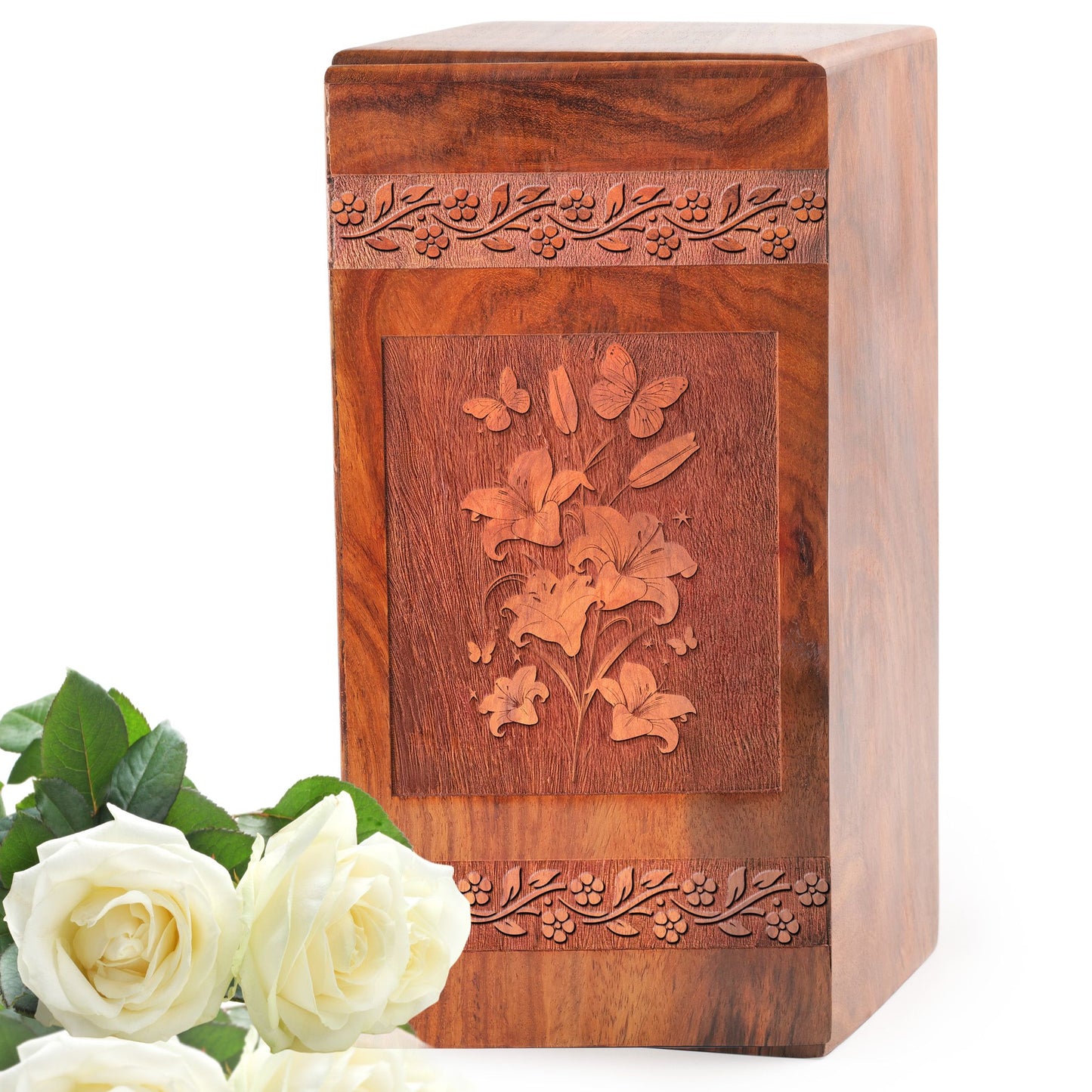Butterfly With Flowers Wooden Cremation Urns - Wood Box For Ashes