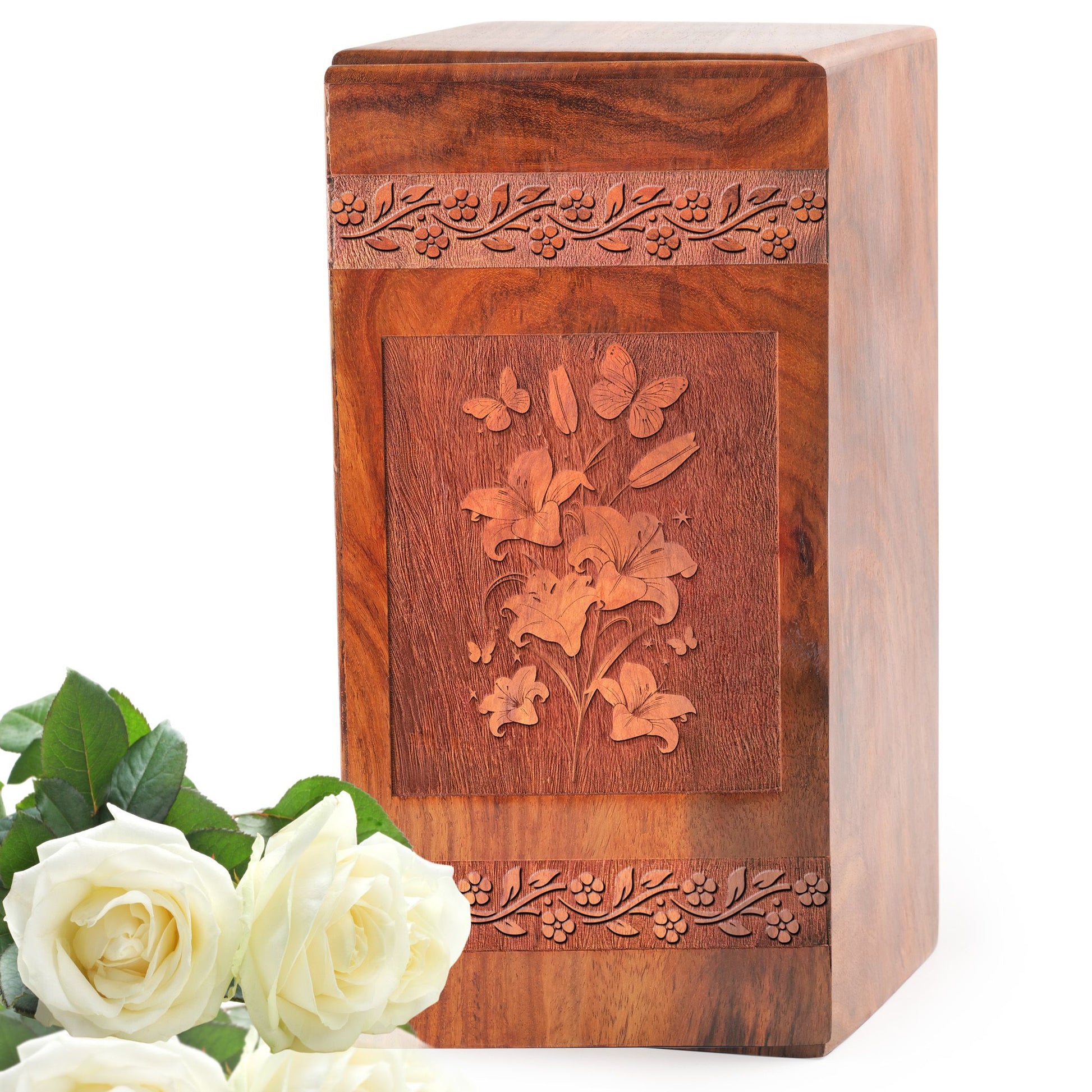 Butterfly With Flowers Wooden Cremation Urns - Wood Box For Ashes