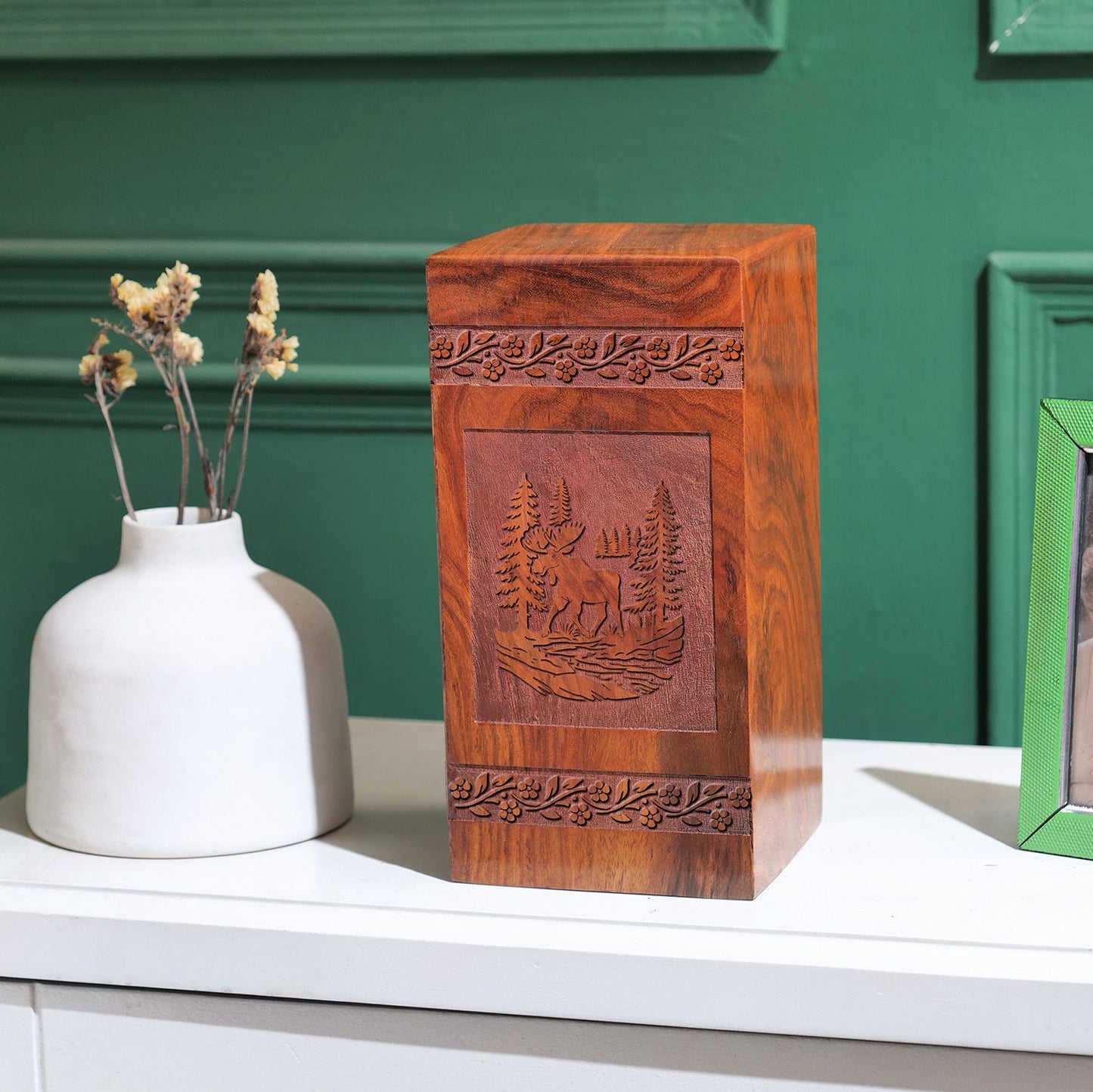 Moose Walking Wooden Box Urn For Ashes - Wood Cremation Box