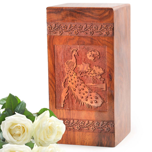 Peacock Wooden Urn Box For Cremation - Wood Box Urn For Ashes