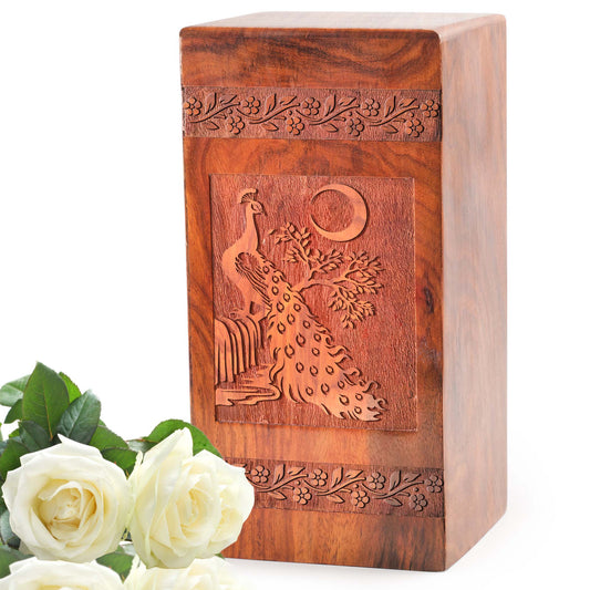 Peacock Wood Urns For Human Ashes - Wooden Cremation Box For Adults