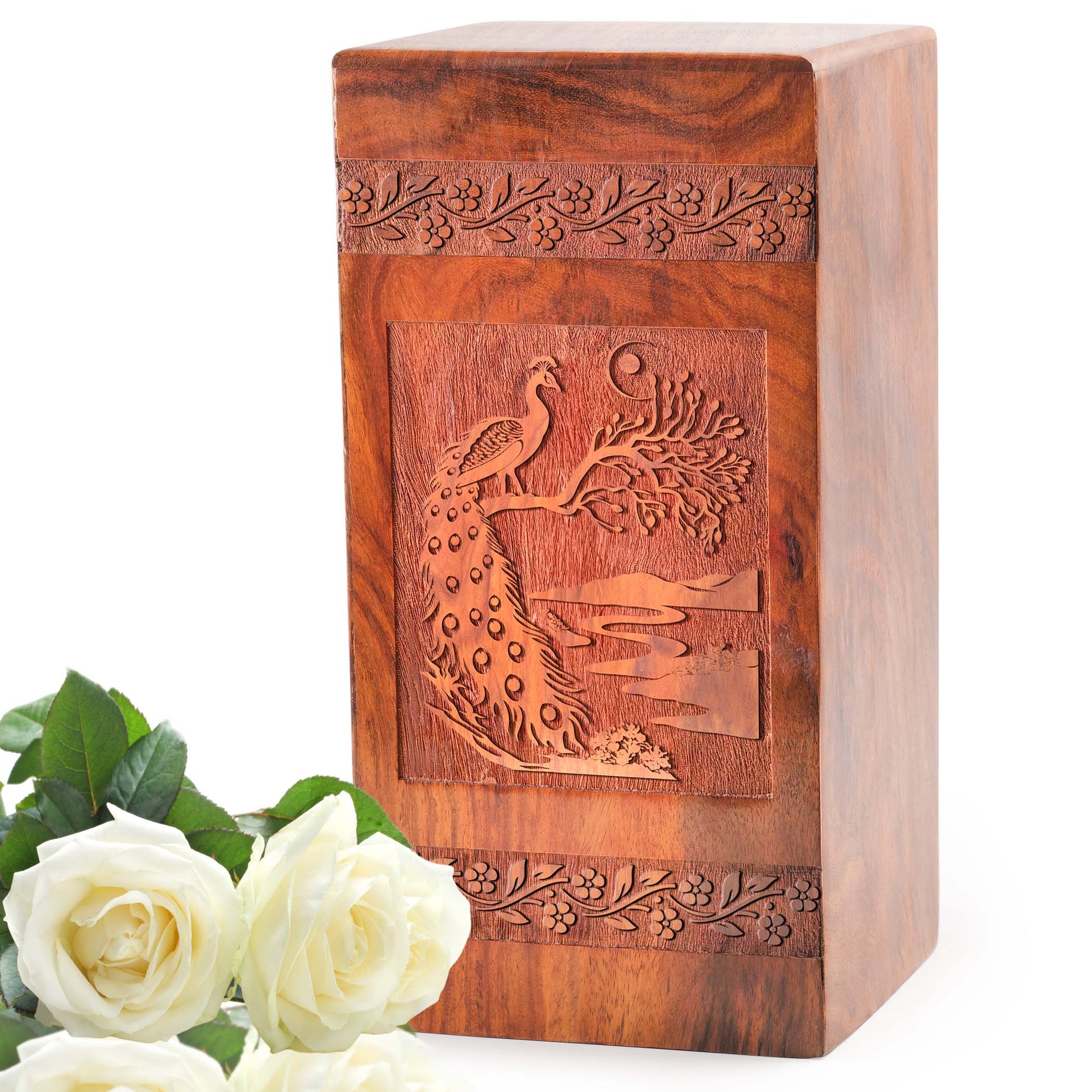 Peacock Wooden Box For Cremation - Wood Urn For Ashes Adult
