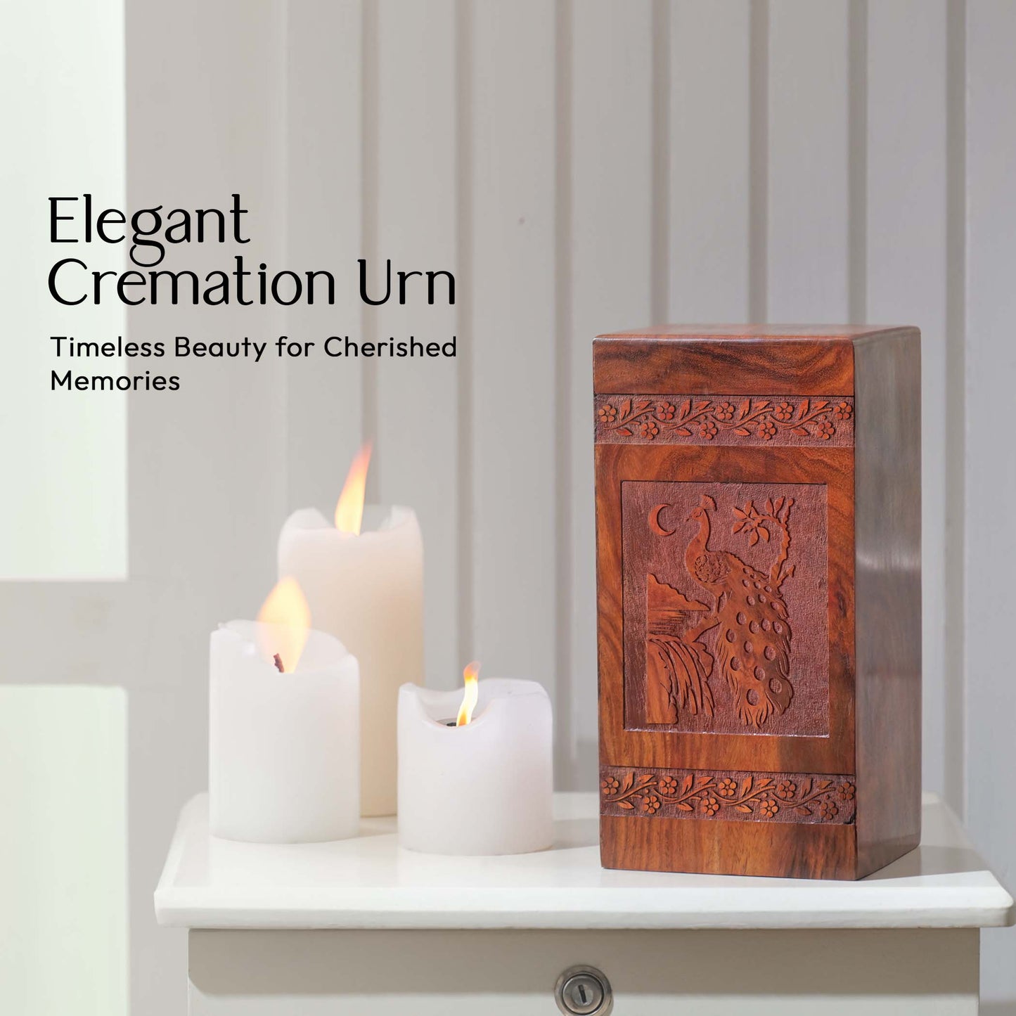 Peacock Wooden Box Urn For Ashes - Wood Cremation Box For Adults