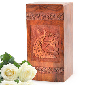 Peacock Wooden Box For Ashes - Wood Urn For Human Cremation