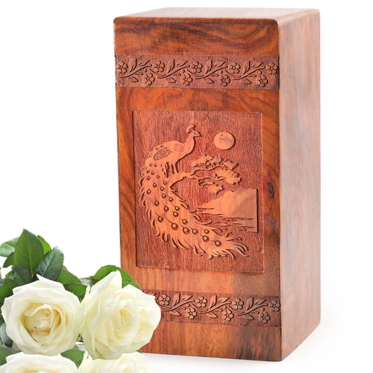 Peacock Wooden Box For Ashes - Wood Cremation Urn Box For Adults