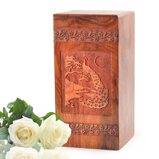 Peacock Wooden Cremation Urn Box For Ashes - Wood Cremation Box