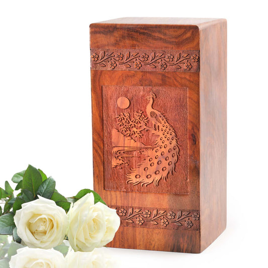 Peacock Wooden Urn Box For Ashes Adult - Cremation Urn Wood Box