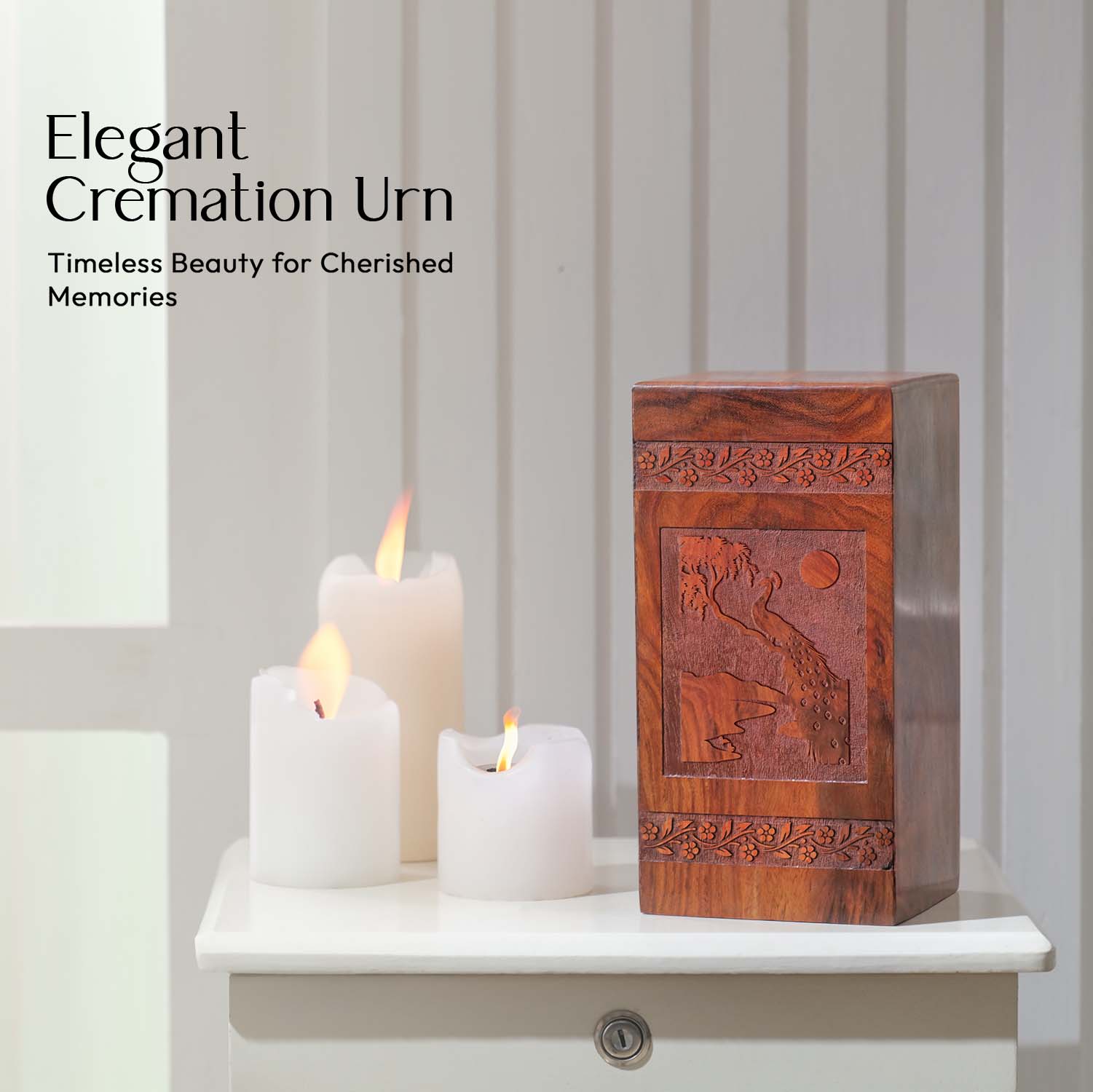 Peacock Wooden Urn For Ashes - Cremation Box For Burial Ashes Wood