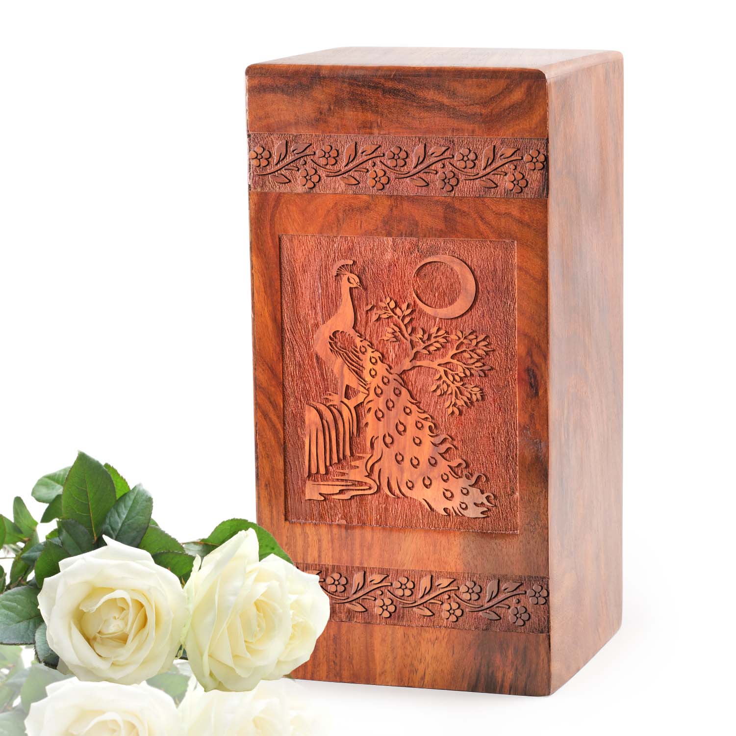 Peacock Wooden Box Urn For Ashes - Funerary Urn For Memorial Display