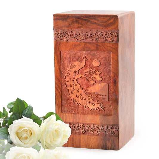 Peacock Wooden Box For Ashes - Wood Cremation Urn Box For Adult Male