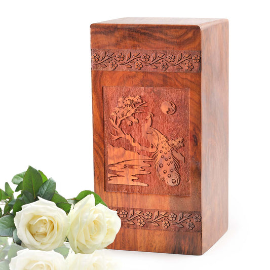 Peacock Wooden Box For Ashes - Wood Cremation Urn For Adults Burial