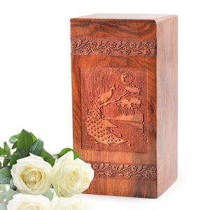 Peacock Wooden Cremation Box For Ashes - Wood Cremation Urn Box