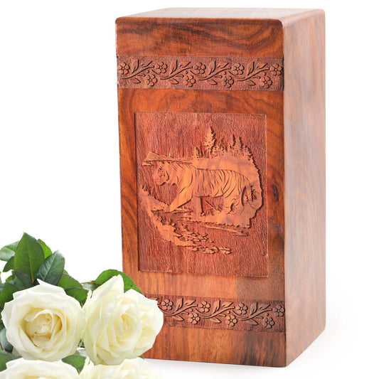 Tiger Wooden Box Urns For Ashes - Wood Cremation Box For Burial
