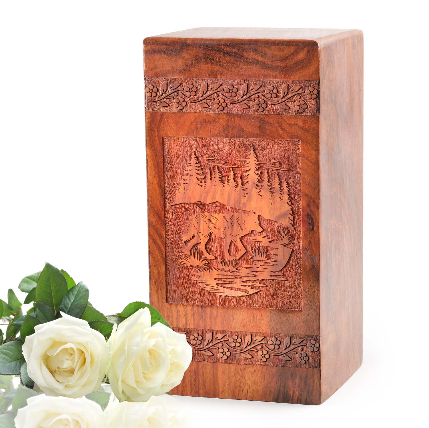 Fox Wooden Urn Box For Ashes - Wood Cremation Urn For Human Ashes