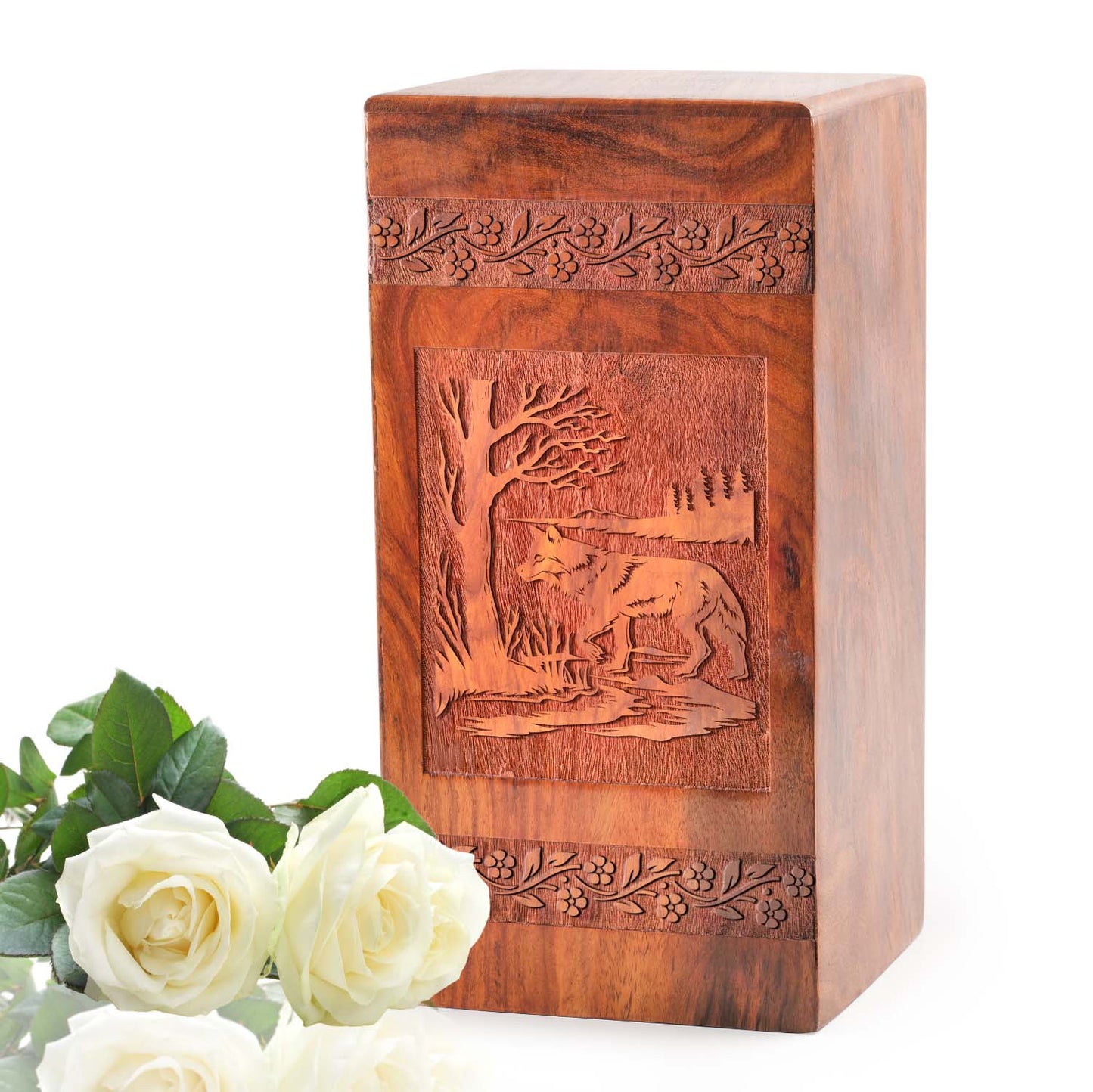 Fox Wooden Box Urn For Ashes - Wood Cremation Urn For Burial