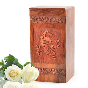 Crow Wooden Cremation Box For Ashes - Wood Urn For Adult Male