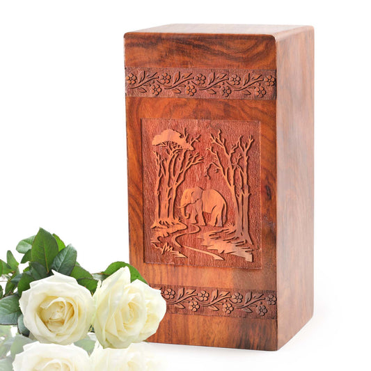 Elephant Wooden Box Urns For Ashes - Wood Cremation Urns For Adult Burial