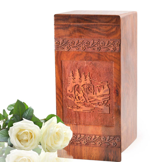 Lion Wooden Box For Ashes - Wood Cremation Urns For Burial Ashes