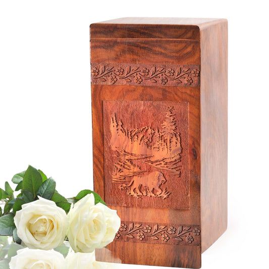 Lion Wooden Cremation Box For Ashes - Wood Urns For Adult Cremation