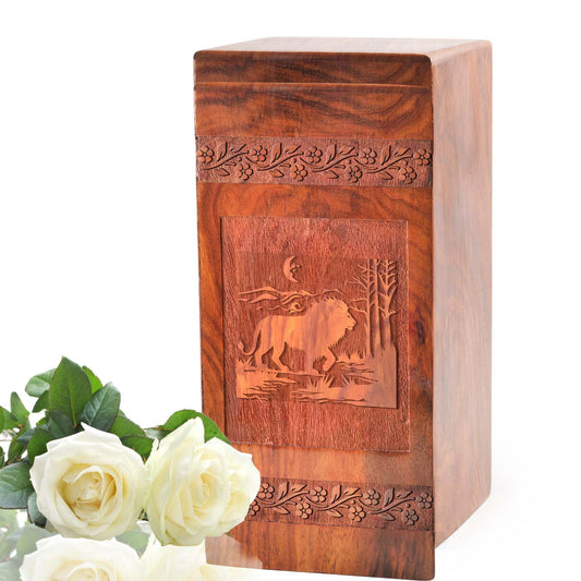 Lion Wooden Cremation Box For Ashes - Wood Urns For Adult Male