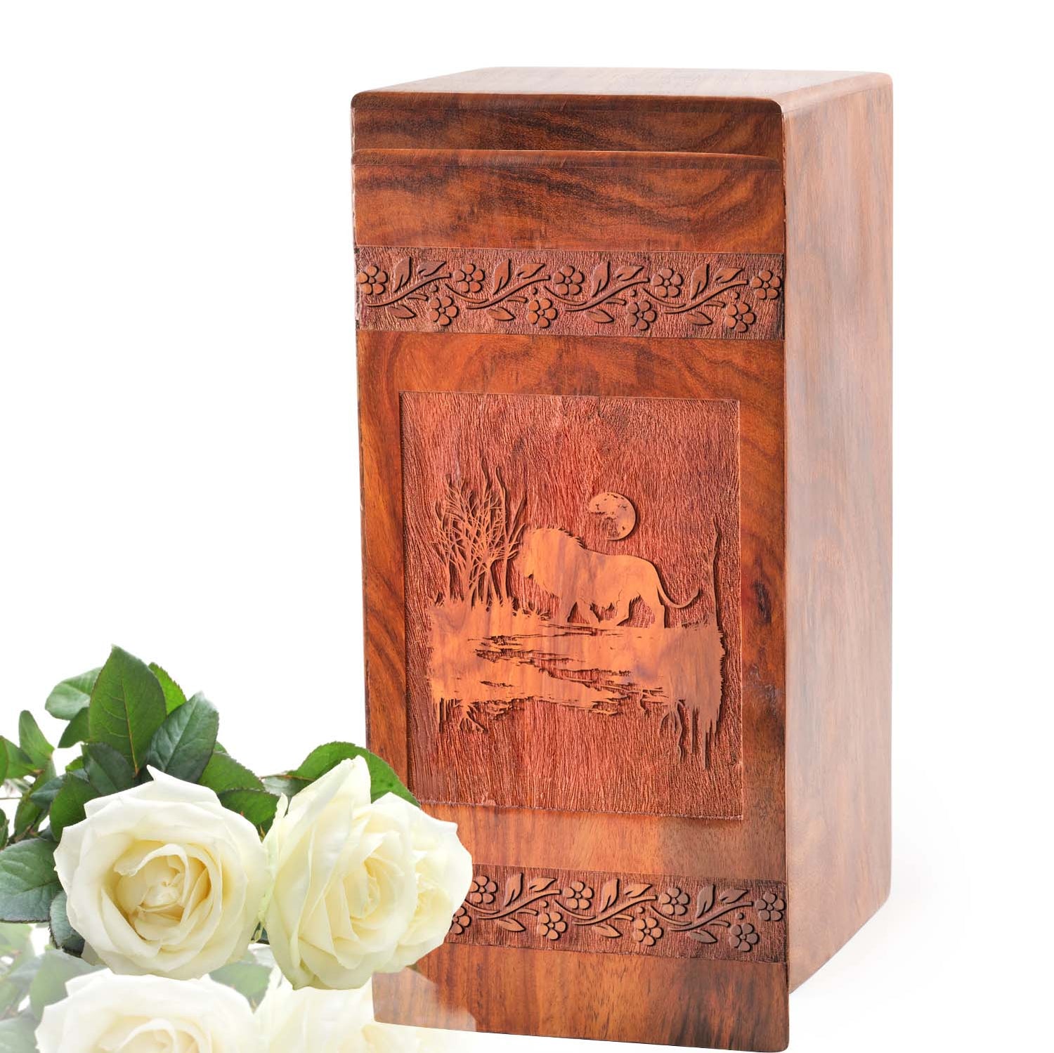 Lion Wooden Cremation Urn For Ashes - Wood Box For Adult Burial