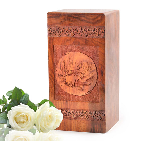 Moose Walking Wooden Urn Box For Ashes - Wood Burial Urn For Adult Ashes