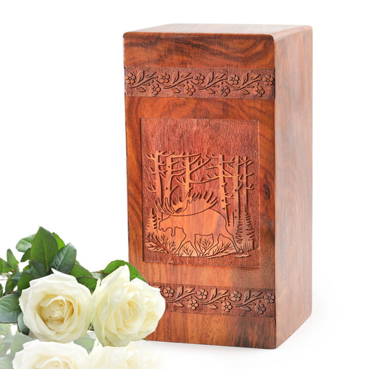 Moose Walking Wooden Box Urn For Ashes - Wood Cremation Box For Burial