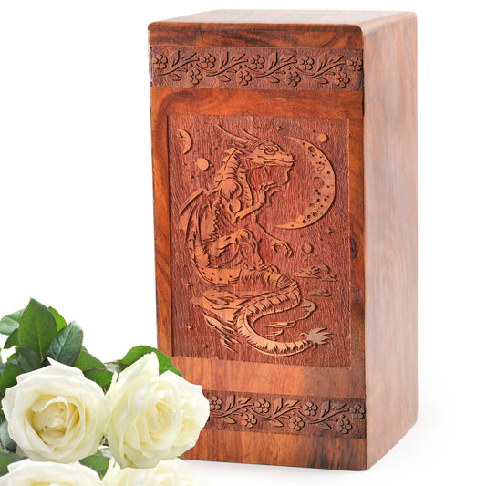 Dragon Wooden Urn Box For Cremation Ashes - Wood Box For Burial