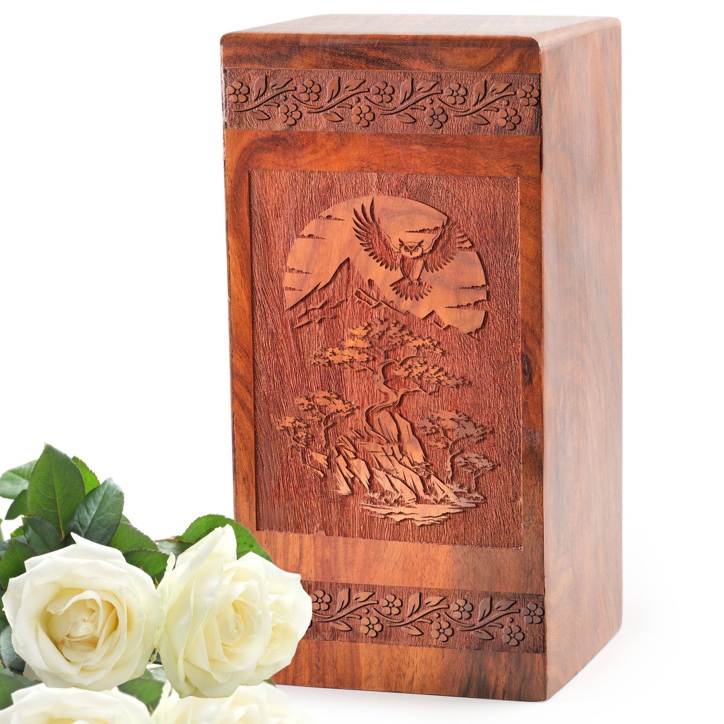 Owl Wood Cremation Box For Ashes - Rosewood Urn For Adults