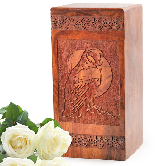 Owl Wooden Cremation Box For Adults - Wood Ashes Box