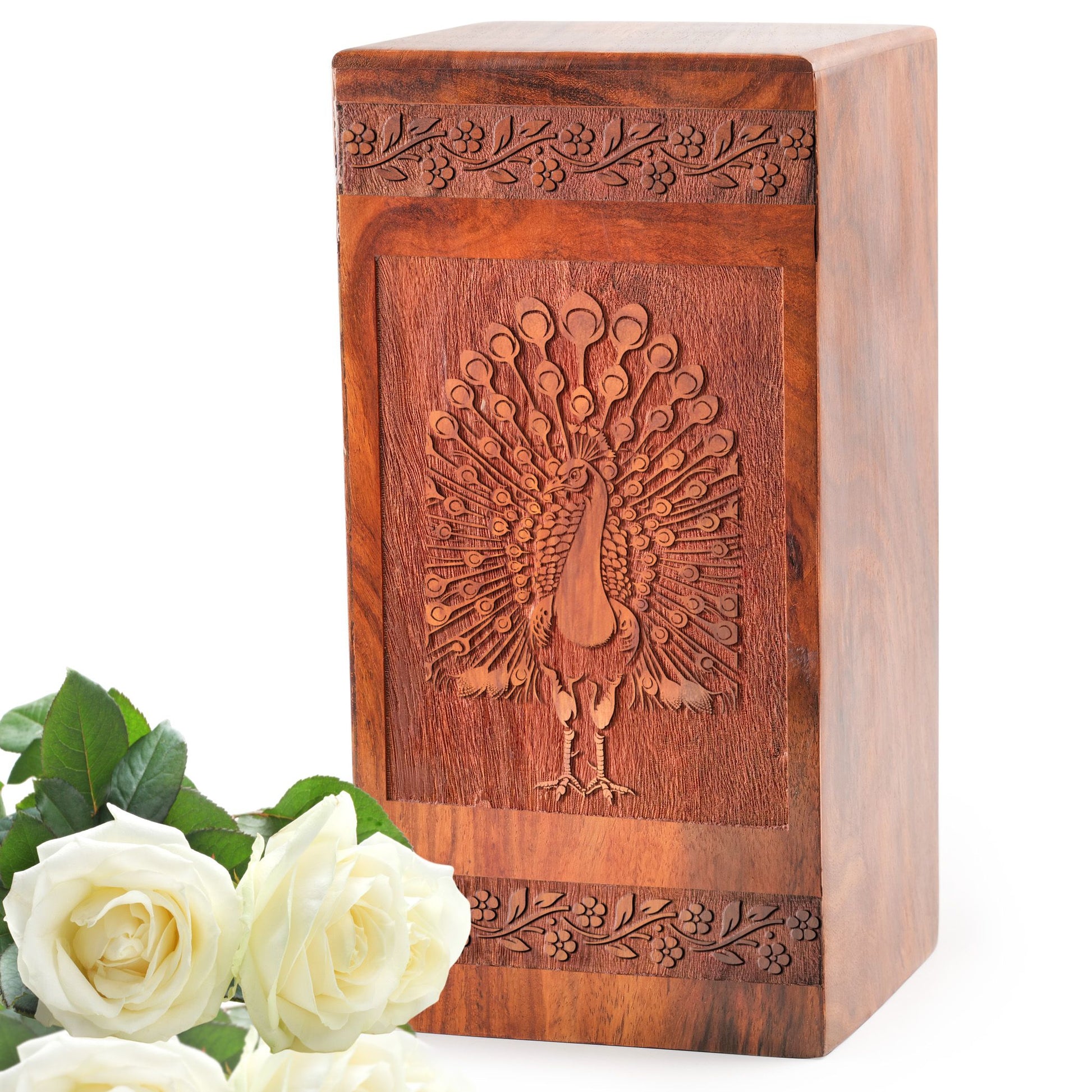 Peacock Wooden Urn Box For Ashes - Cremation Urn Wood Box