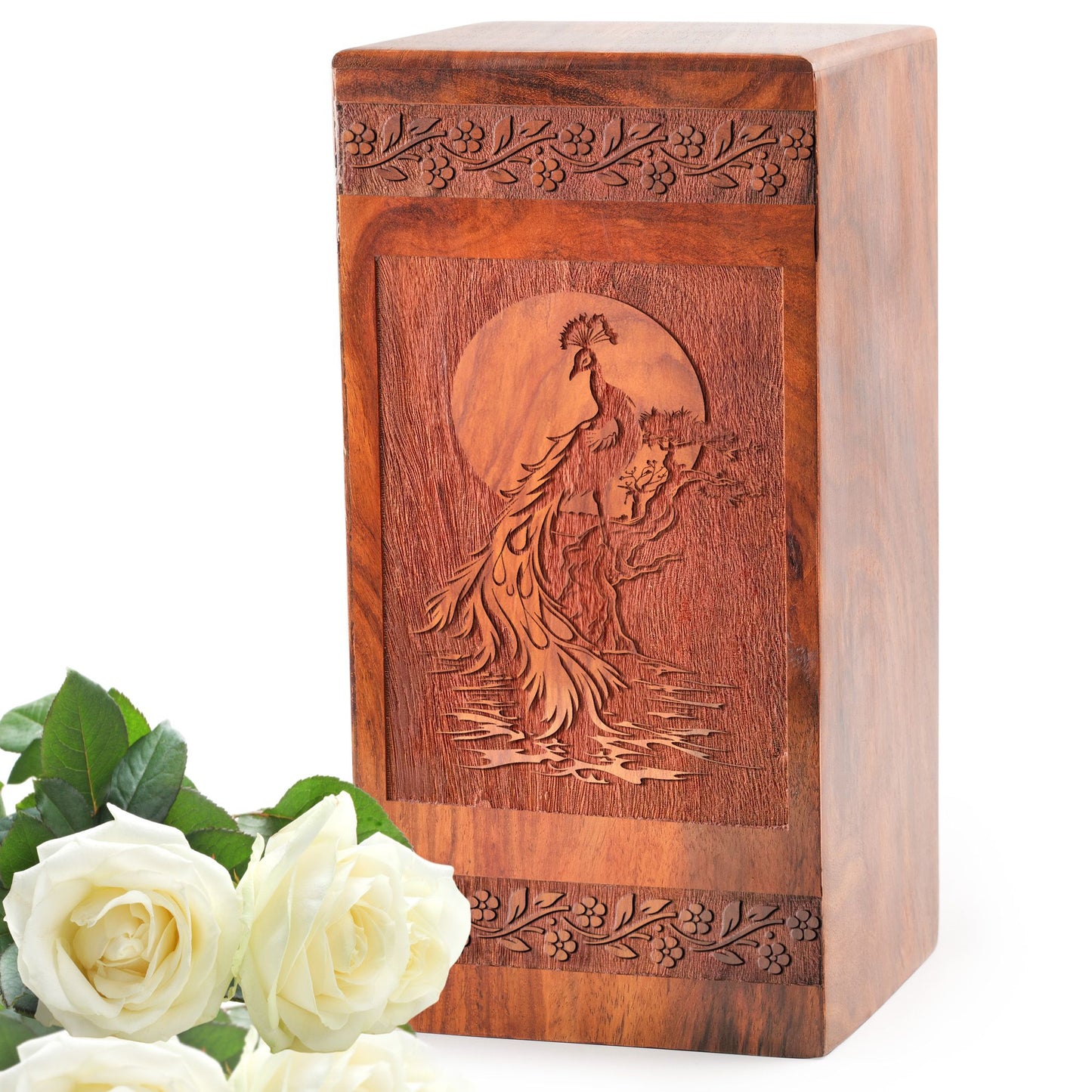 Peacock Handmade Wooden Urn Box - Wood Cremation Urn Box