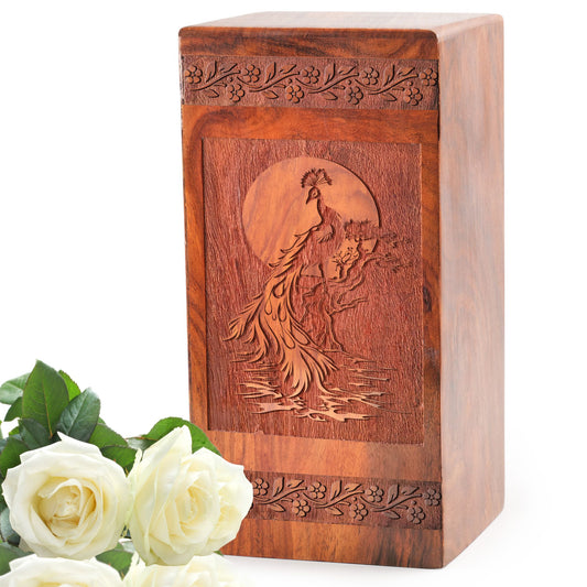 Peacock Handmade Wooden Urn Box - Wood Cremation Urn Box