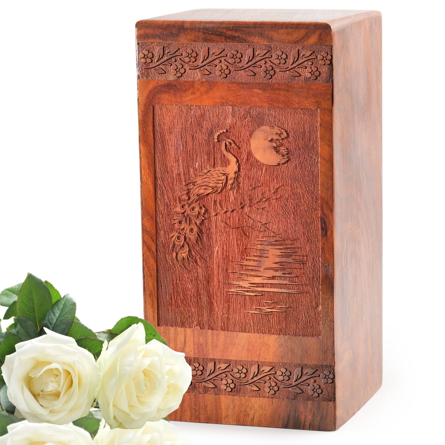 Peacock Cremation Box Wood Urn For Ashes - Burial Box For Adults