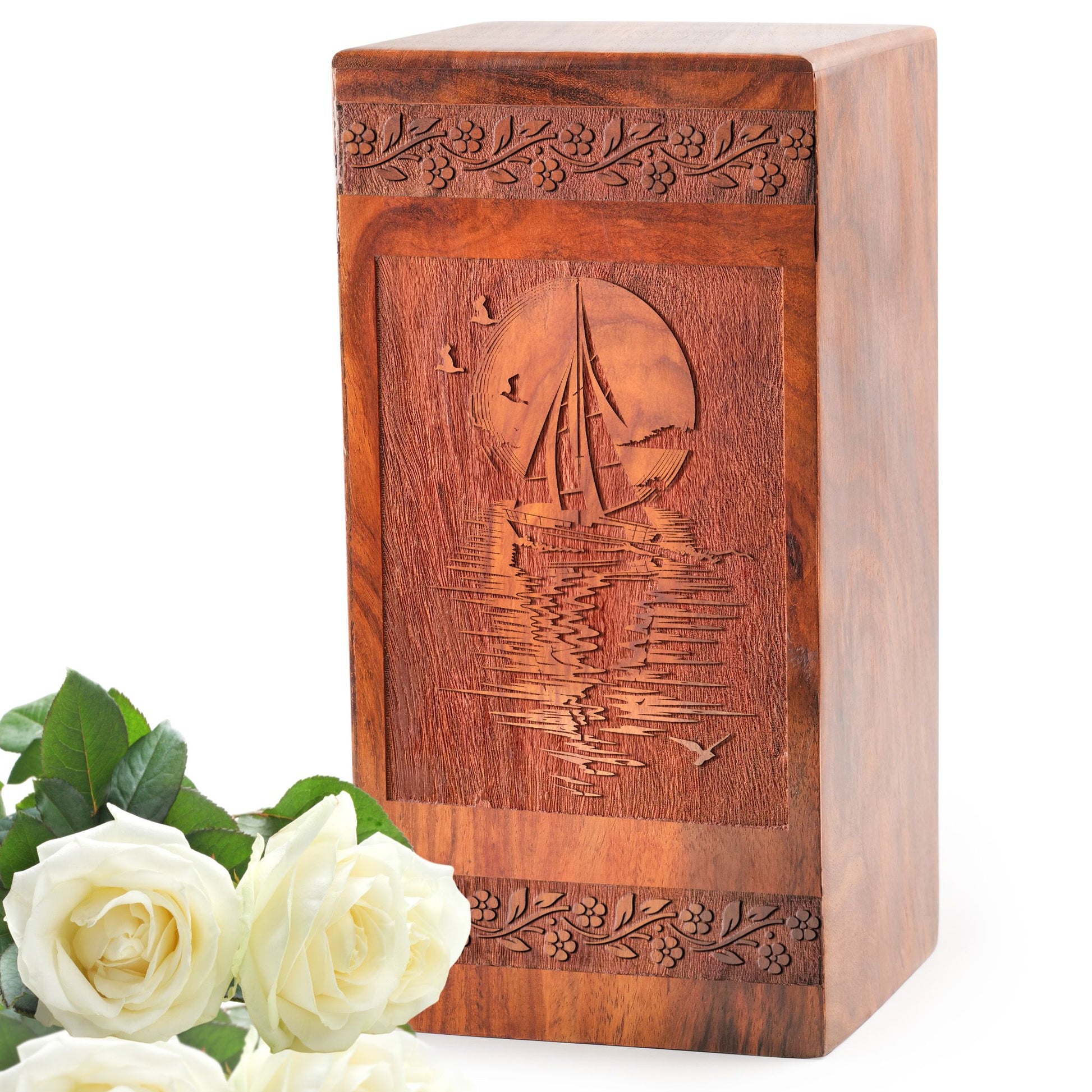 Sailboat Wooden Cremation Urn - Wood Urn Box For Burial