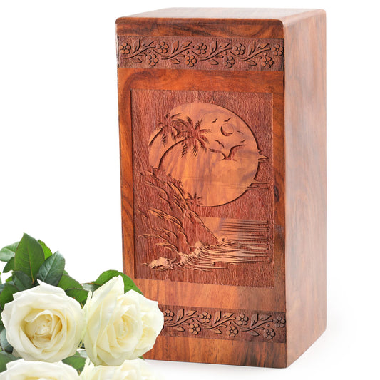 Sunset Beach Wooden Urn Box For Ashes - Wood Cremation Box For Adults