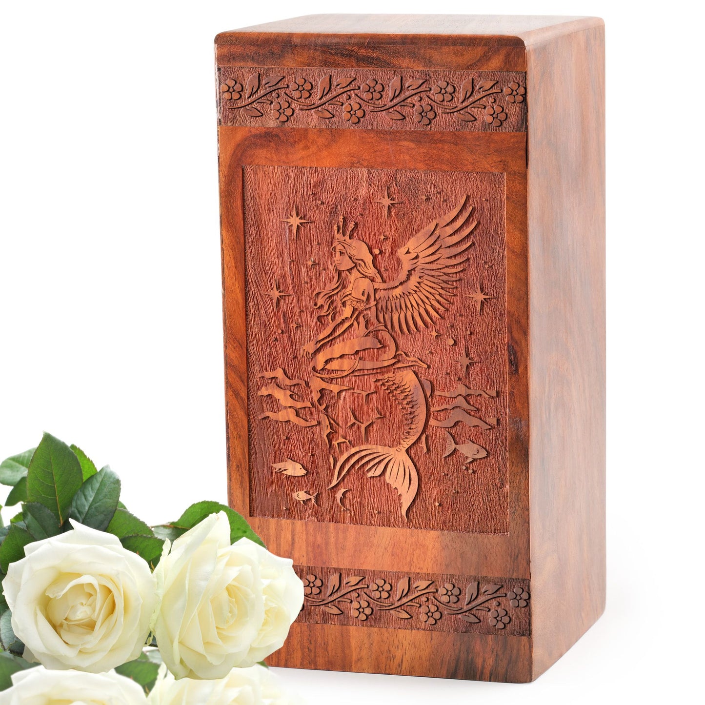 Mermaid Wooden Box Urn For Ashes - Wood Cremation Urn For Human Ashes