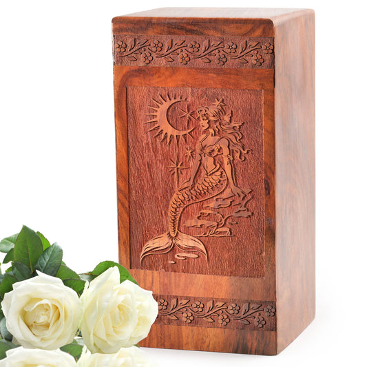 Mermaid Wooden Box Urns For Ashes - Wood Urn For Cremation