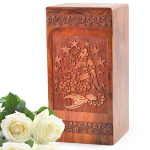Mermaid Wooden Cremation Urns Box For Ashes - Wood Urns For Burial Ashes