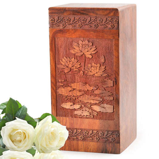 Lotus Flower Wood Cremation Urn For Adult Male - Wooden Urn For Human Ash