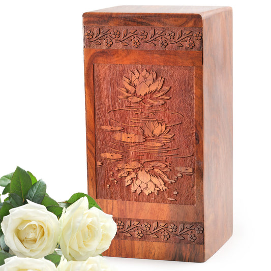Lotus Flower Wooden Cremation Urn For Ashes - Wooden Box Keepsake
