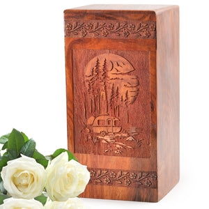 Camper In Woods Wood Cremation Urns - Wooden Box For Adult Human Ashes
