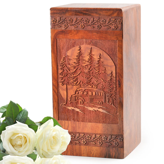 Camper In Woods Wooden Cremation Urns - Wood Urns Box For Adult Male Ashes