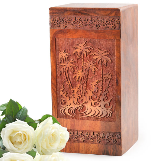 Palm Trees Wooden Urns Box For Ashes – Handcrafted Cremation Urns