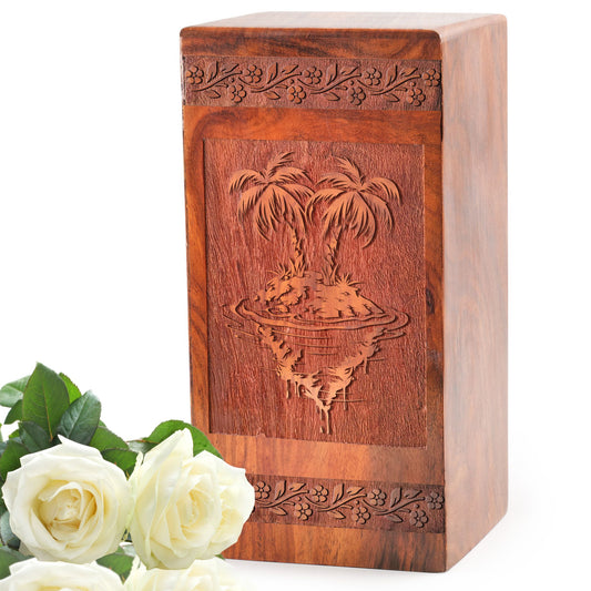 Palm Trees Wood Urns For Ashes – Handcrafted Memorial Cremation Box