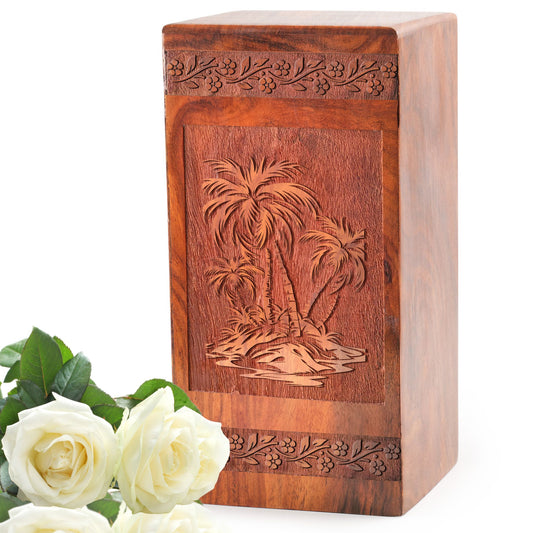 Palm Trees Wooden Box Urns – Memorial Cremation Box For Ashes