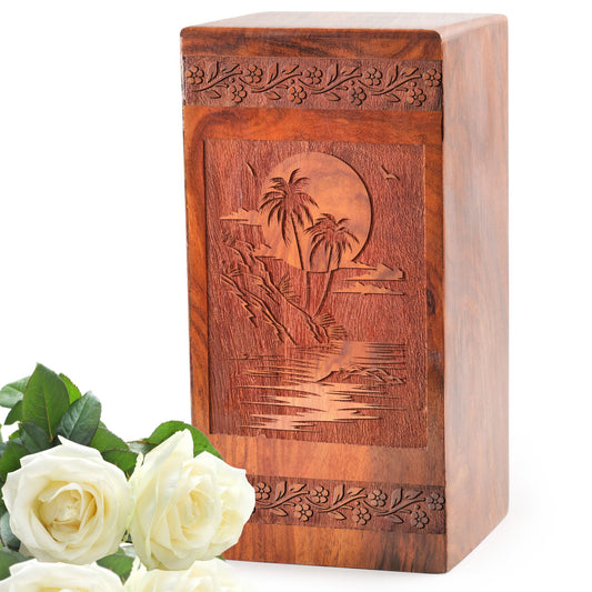Palm Trees Wooden Box Cremation Urns – Memorial Urns For Burial Ashes