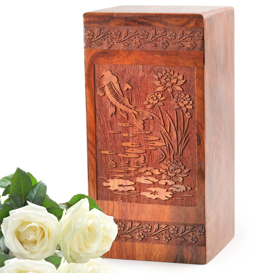 Koi Fish Wooden Urns - Ashes Box With Carved Koi Fish Art
