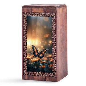 Butterfly On Flower - Beautiful Sunset Wooden Urns For Human Ashes